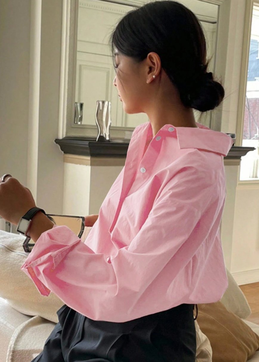 Solid Color Front Button Casual Versatile Loose Long Sleeve Shirt