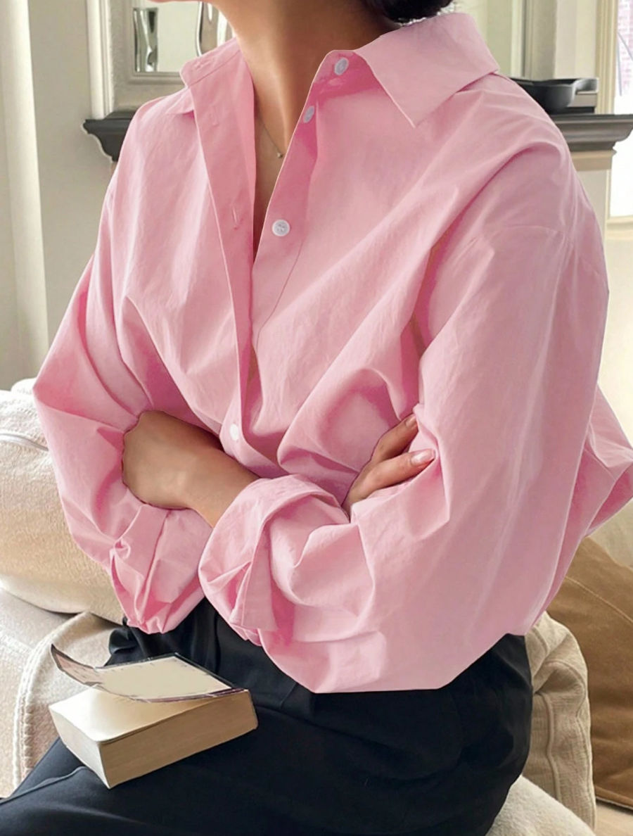 Solid Color Front Button Casual Versatile Loose Long Sleeve Shirt