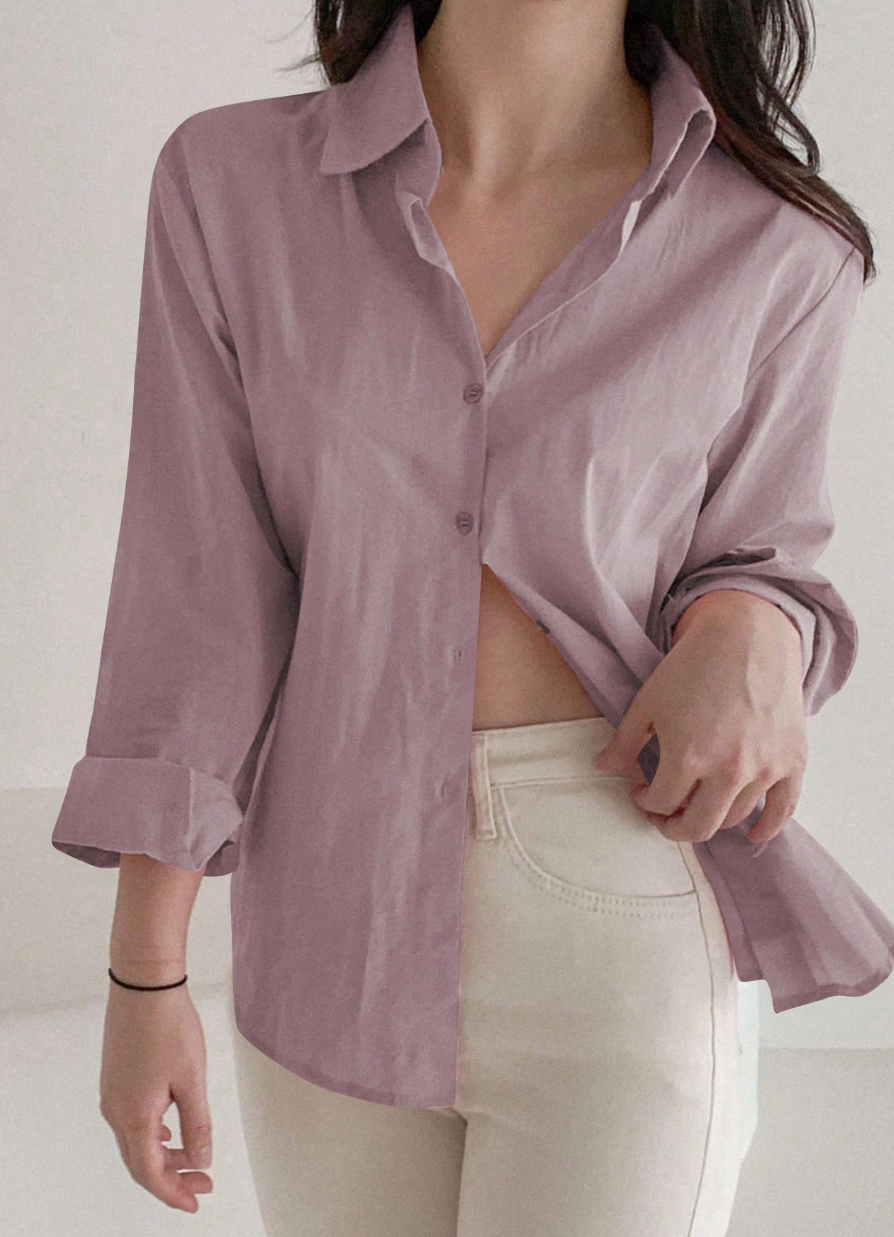 Women's Loose Solid Color Button Up Blouse