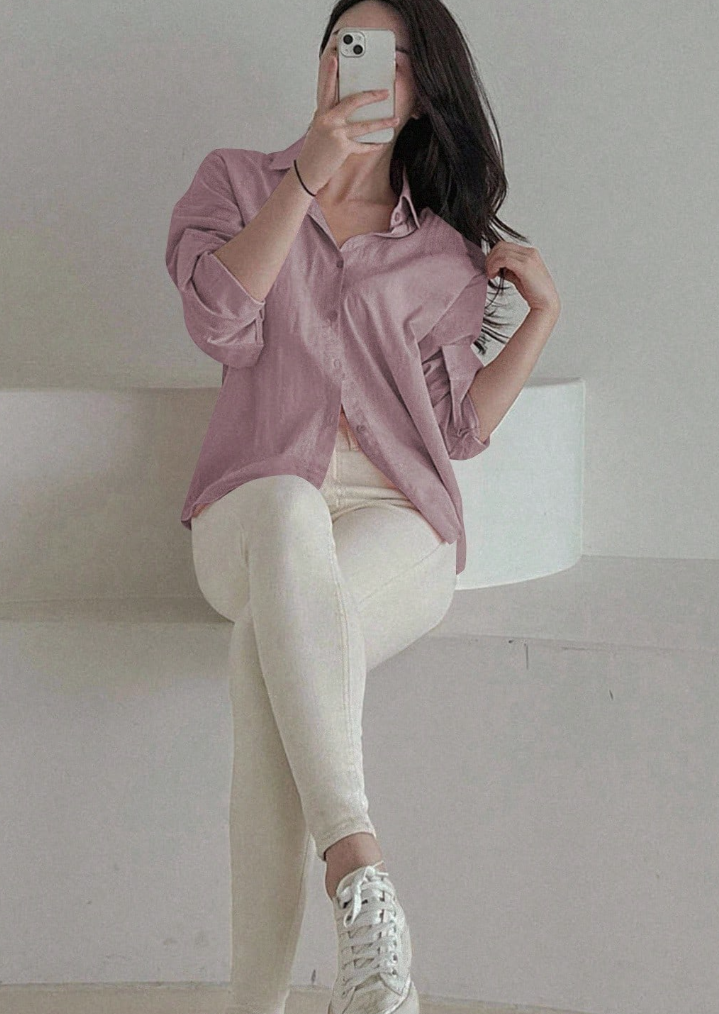 Women's Loose Solid Color Button Up Blouse