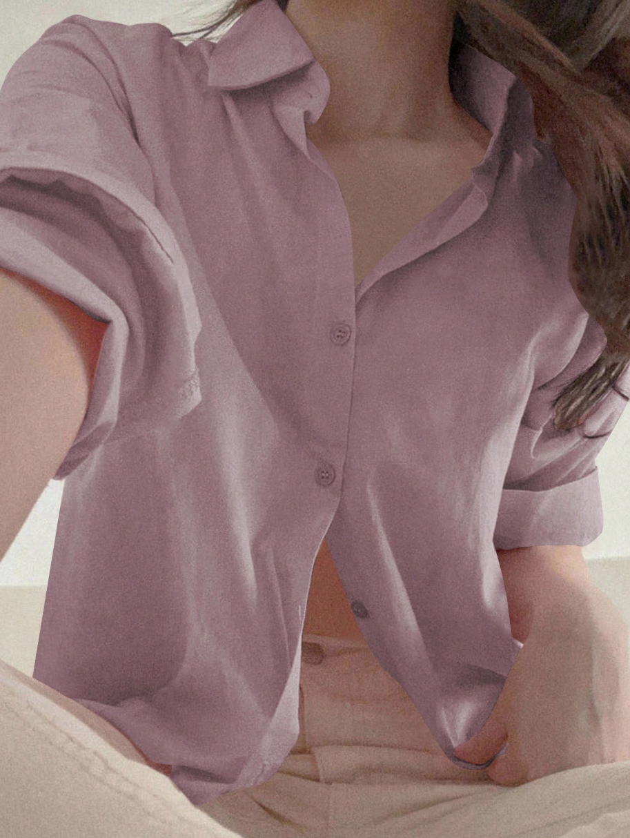 Women's Loose Solid Color Button Up Blouse